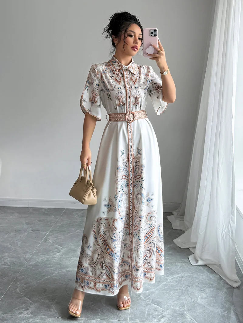 Outzidr  White Button Down Printed Shirt Dress for Women | Best Price UAE